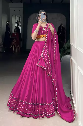 pink Rayon Chaniya Choli with Mirror Gamthi Work Gotta Patti 