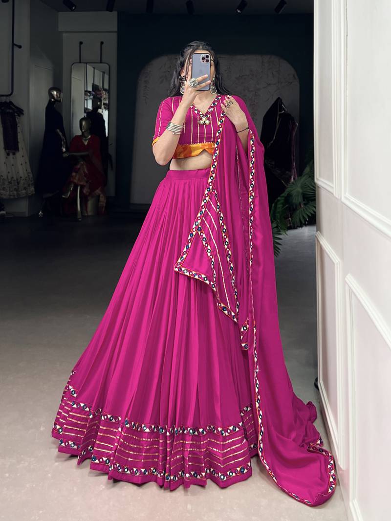 pink Rayon Chaniya Choli with Mirror Gamthi Work Gotta Patti 