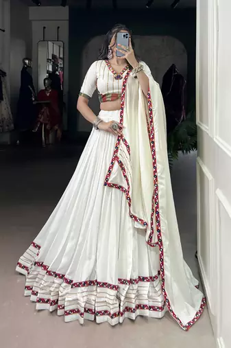 white Rayon Chaniya Choli with Mirror Gamthi Work Gotta Patti