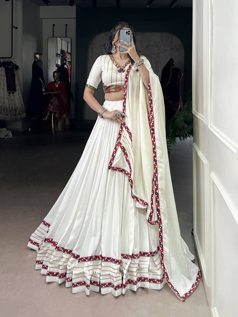 white Rayon Chaniya Choli with Mirror Gamthi Work Gotta Patti