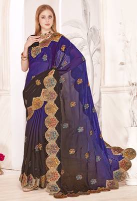 Purple and brown multi zari resham embroidered border work satin silk saree sari 1