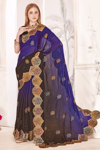 Purple and brown multi zari resham embroidered border work satin silk saree sari