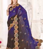 Purple and brown multi zari resham embroidered border work satin silk saree sari