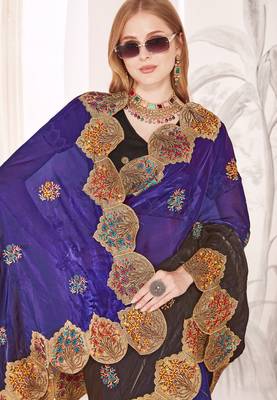 Purple and brown multi zari resham embroidered border work satin silk saree sari 2