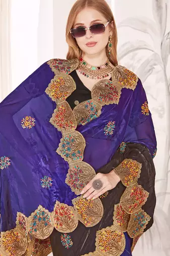 Purple and brown multi zari resham embroidered border work satin silk saree sari