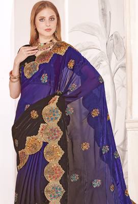 Purple and brown multi zari resham embroidered border work satin silk saree sari 3