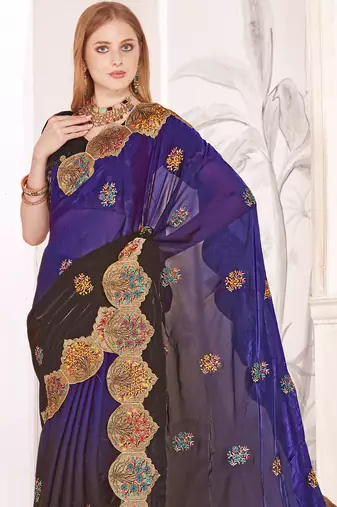 Purple and brown multi zari resham embroidered border work satin silk saree sari
