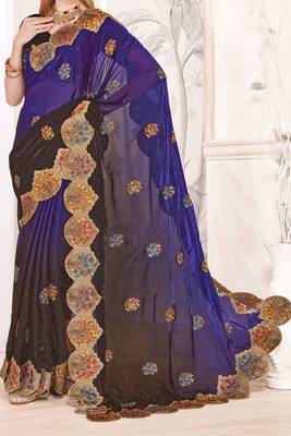 Purple and brown multi zari resham embroidered border work satin silk saree sari 4
