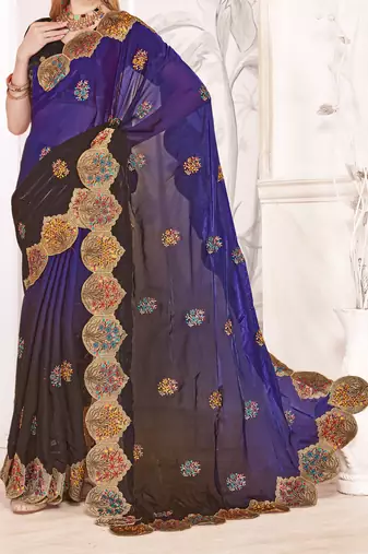 Purple and brown multi zari resham embroidered border work satin silk saree sari