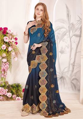 Teal blue and black multi zari resham embroidered border work satin silk saree sari 1