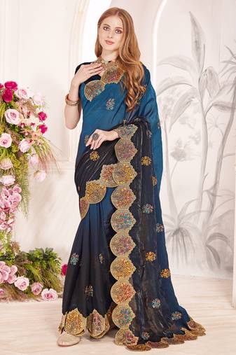 Teal blue and black multi zari resham embroidered border work satin silk saree sari