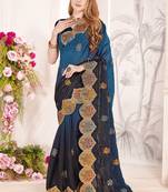 Teal blue and black multi zari resham embroidered border work satin silk saree sari