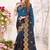 Teal blue and black multi zari resham embroidered border work satin silk saree sari