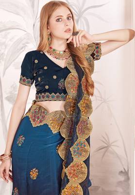 Teal blue and black multi zari resham embroidered border work satin silk saree sari 2