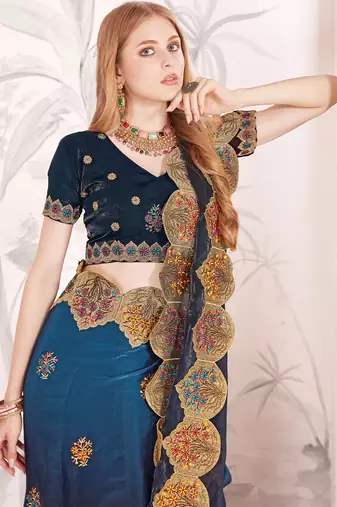 Teal blue and black multi zari resham embroidered border work satin silk saree sari