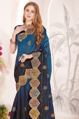 Teal blue and black multi zari resham embroidered border work satin silk saree sari 3