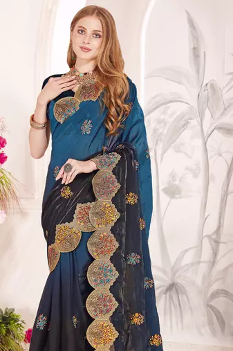 Teal blue and black multi zari resham embroidered border work satin silk saree sari