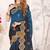 Teal blue and black multi zari resham embroidered border work satin silk saree sari