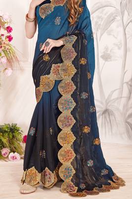Teal blue and black multi zari resham embroidered border work satin silk saree sari 4