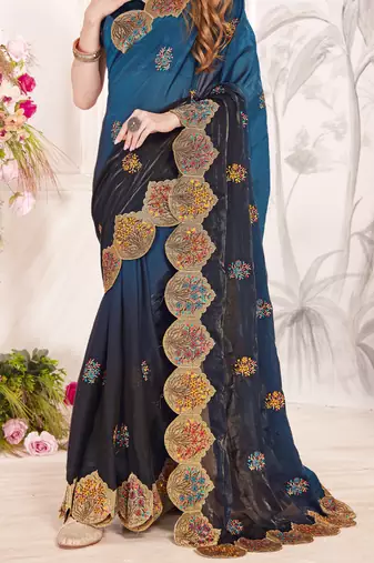 Teal blue and black multi zari resham embroidered border work satin silk saree sari