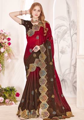 Brown and red multi zari resham embroidered border work satin silk saree sari 1