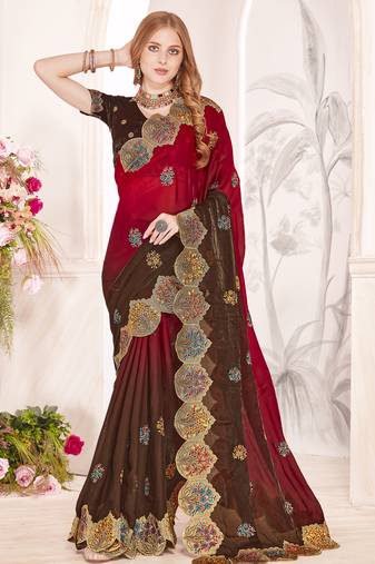 Brown and red multi zari resham embroidered border work satin silk saree sari