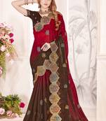 Brown and red multi zari resham embroidered border work satin silk saree sari