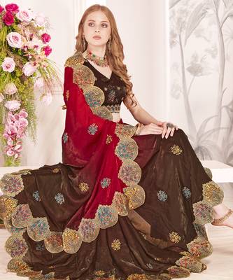 Brown and red multi zari resham embroidered border work satin silk saree sari 2