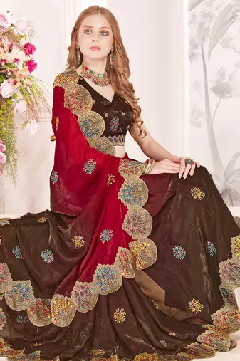 Brown and red multi zari resham embroidered border work satin silk saree sari
