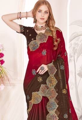Brown and red multi zari resham embroidered border work satin silk saree sari 3