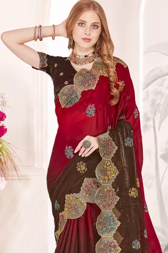 Brown and red multi zari resham embroidered border work satin silk saree sari