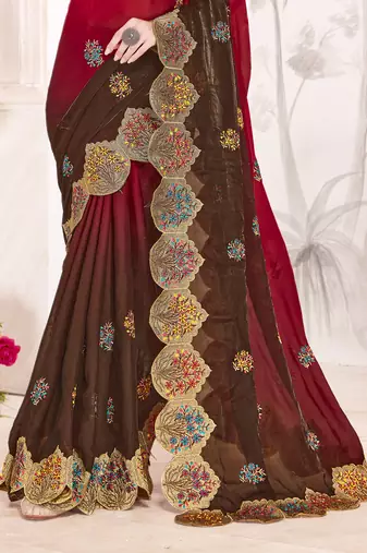 Brown and red multi zari resham embroidered border work satin silk saree sari
