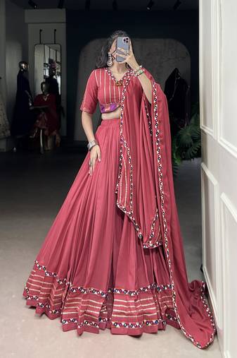 dark peach Rayon Chaniya Choli with Mirror Gamthi Work Gotta Patti