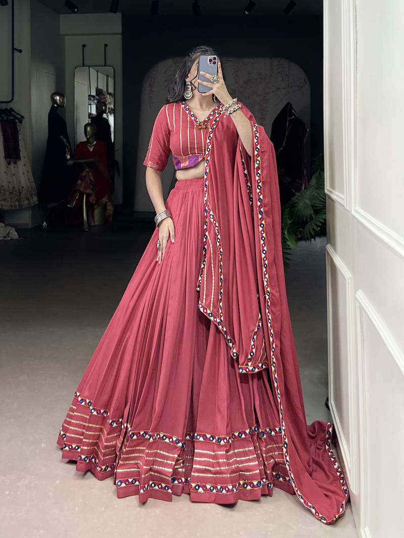 dark peach Rayon Chaniya Choli with Mirror Gamthi Work Gotta Patti