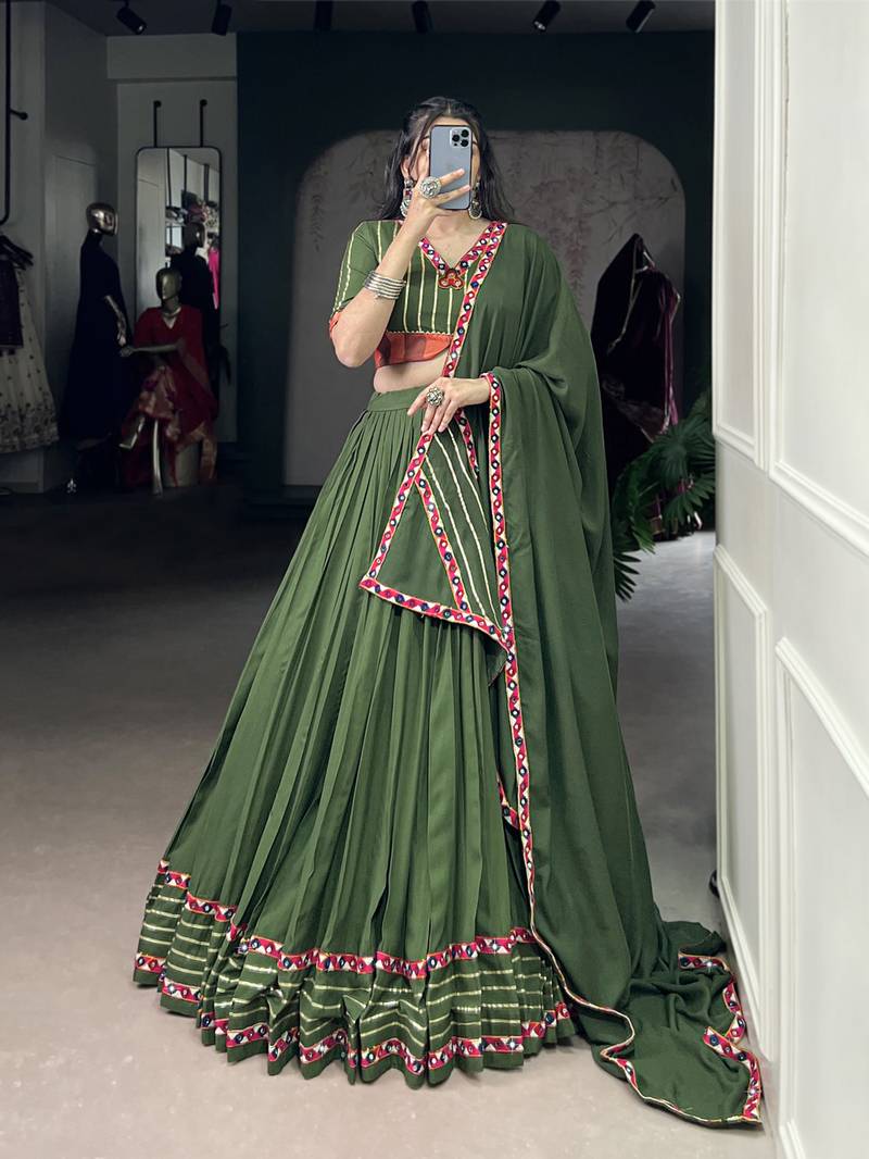mehendi Rayon Chaniya Choli with Mirror Gamthi Work Gotta Patti