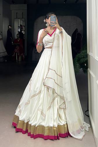 white Rayon Chaniya Choli with Embossed Design Gota Patti Lace