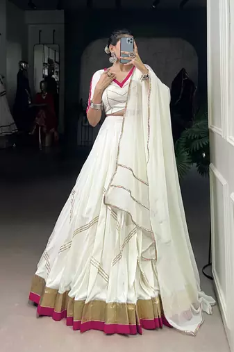 white Rayon Chaniya Choli with Embossed Design Gota Patti Lace