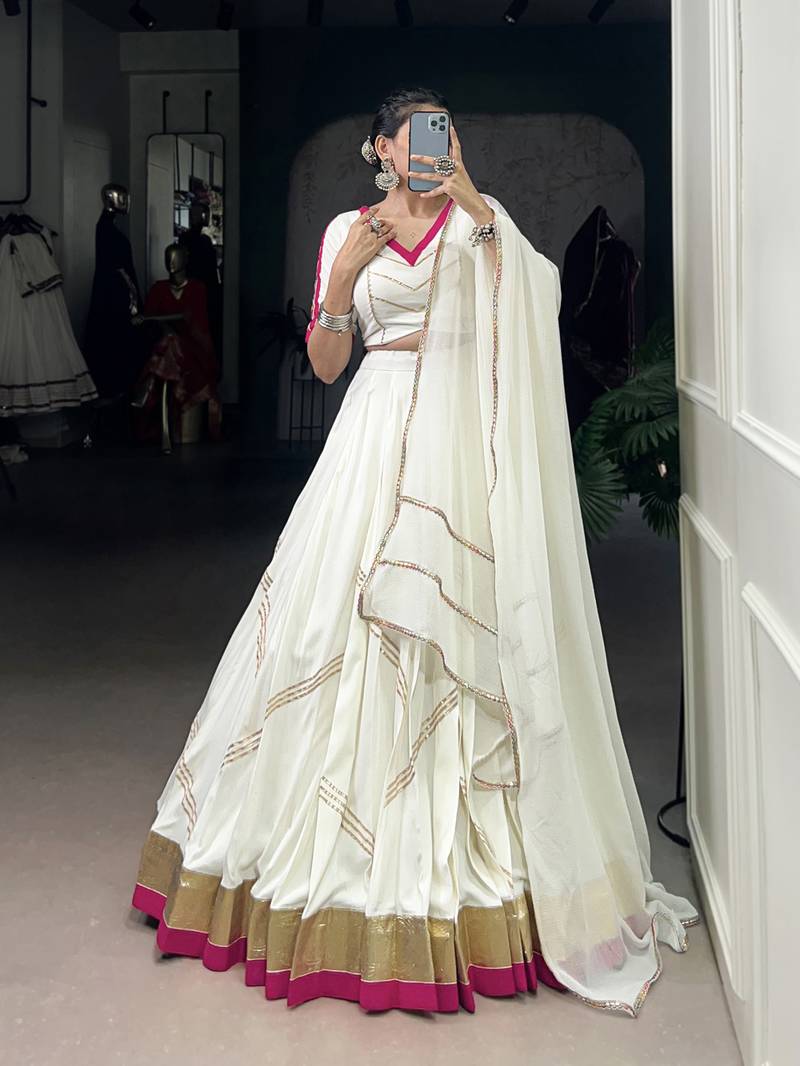 white Rayon Chaniya Choli with Embossed Design Gota Patti Lace