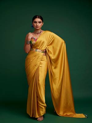 Mustard plain silk saree with belt 1