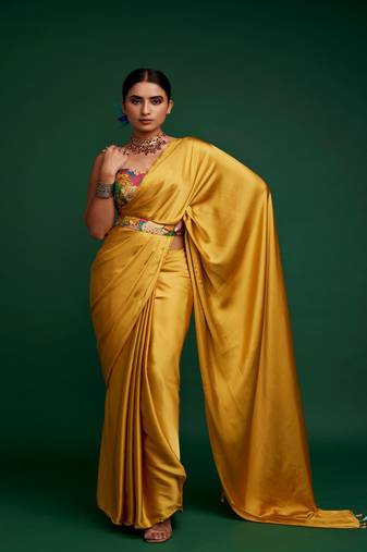 Mustard plain silk saree with belt