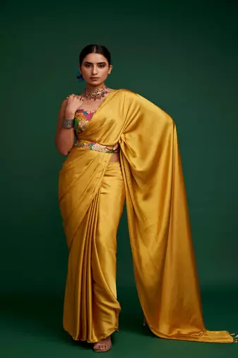 Mustard plain silk saree with belt