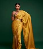 Mustard plain silk saree with belt