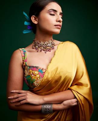Mustard plain silk saree with belt 2