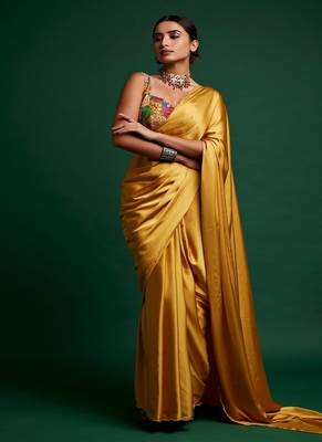 Mustard plain silk saree with belt 3