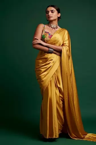 Mustard plain silk saree with belt