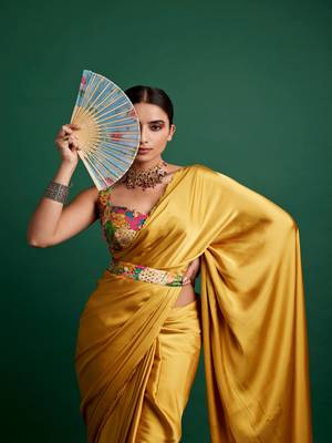 Mustard plain silk saree with belt 4
