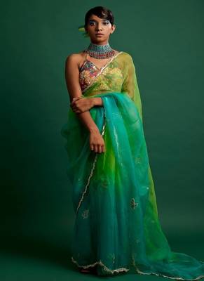Lime green embroidered organza saree 1