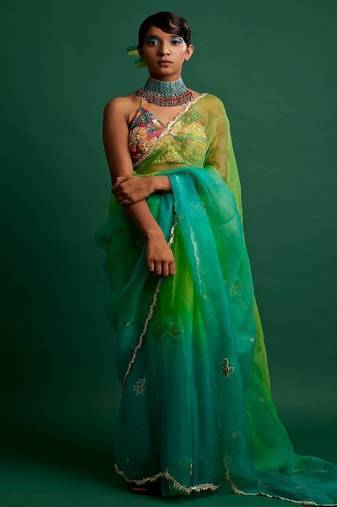 Lime green embroidered organza saree