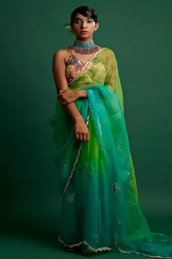 Lime green embroidered organza saree