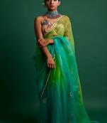Lime green embroidered organza saree